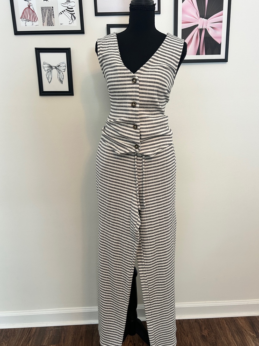 Black & White Striped Button-Front Vest with Matching Pants